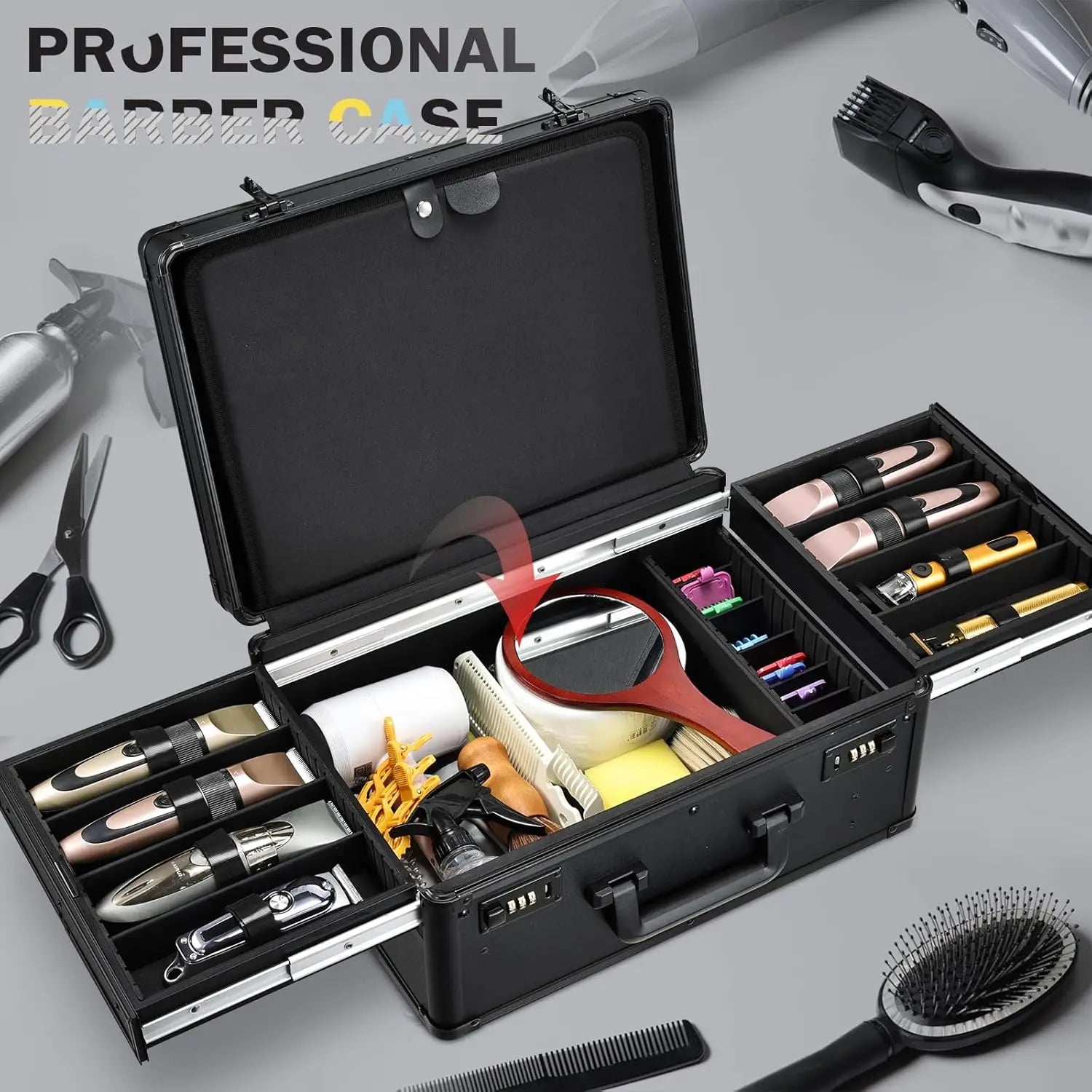CH Barber Case with Sliding Tray, Professional Barbers Briefcase Tool